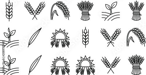 Foto Agriculture wheat grain and crop field icon set featuring cereal ears stalk spro