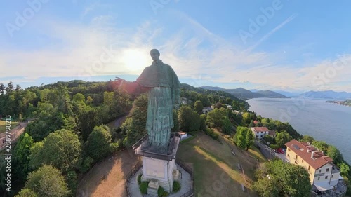 Drone View of San Carlo Borromeo Statue at Sunset in Arona, Lake Maggiore