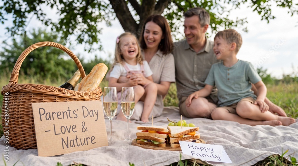 Fototapeta premium A happy Caucasian family enjoys a summer outdoor picnic party with basket and champagne for Parents Day with children in the park