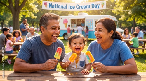 A cheerful medium-toned family celebrates Parents Day and National Ice Cream Day while their laughing toddler eats a popsicle for summer promotions