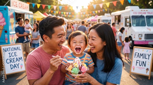 A warm Asian family celebrates Parents Day and National Ice Cream Day while their laughing toddler enjoys a sundae for holiday banners