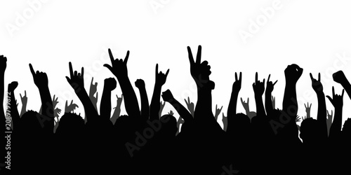 Schilderij op canvas Crowd Silhouette With Raised Hands Against White Background