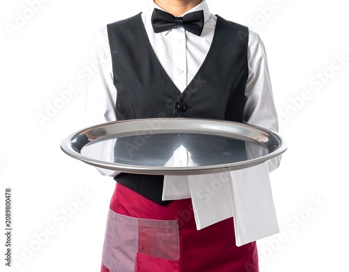 A person wearing a black vest and red apron holding a silver tray