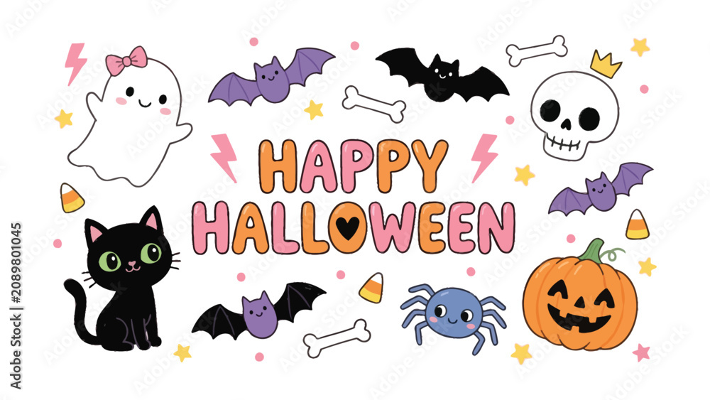 Obraz premium Cute and colorful collection of halloween themed cartoon illustrations with happy ghost and black cat