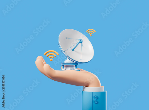Foto A satellite dish on a stylized hand in clean design on blue background, concept