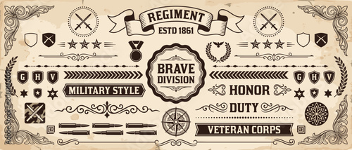 Obraz na płótnie Vintage military badge vector set with sword shield medal star compass ribbon ba