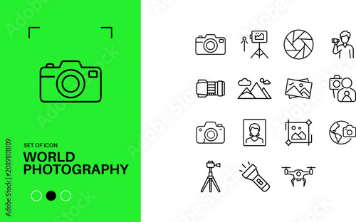World Photography Day Line Icon Set Camera Photo Studio Editable Stroke Vector
