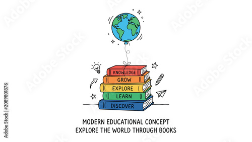 Fotografia A World of Learning: A stack of colorful books, labeled with words like Discover, Learn, Explore, Grow, and Knowledge, floats upwards, tethered to a globe