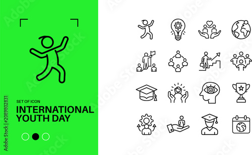 International Youth Day Line Icon Set Education Leadership Growth Editable Stroke Vector