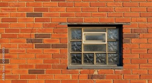 A red brick wall with a single, small, multi-paned window