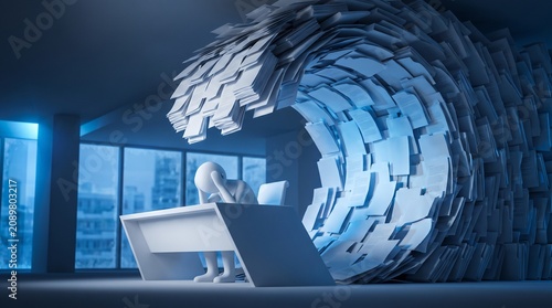 Conceptual illustration Overwhelmed office professional engulfed by a towering wave of paperwork, symbolizing severe work stress, burnout, and unmanageable workload in the corporate world