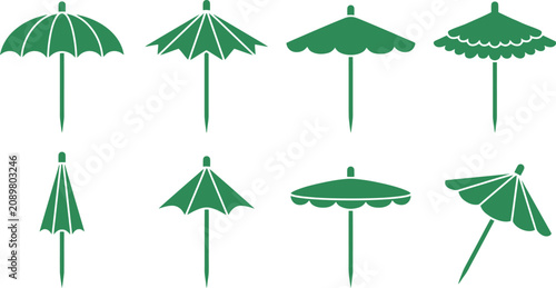 Green Cocktail Umbrella Paper Parasol Vector Icon Set for Summer Party Menus, Tropical Drink Promotions & Bar Signage (EPS)