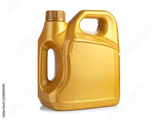 A shiny gold-colored plastic container with handle and cap