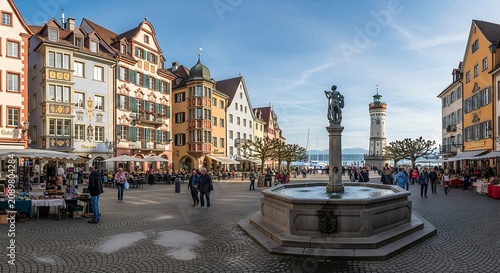 A scenic European town square with a central fountain and statue, surrounded by colorful buildings, people walking, and a clock tower in the background