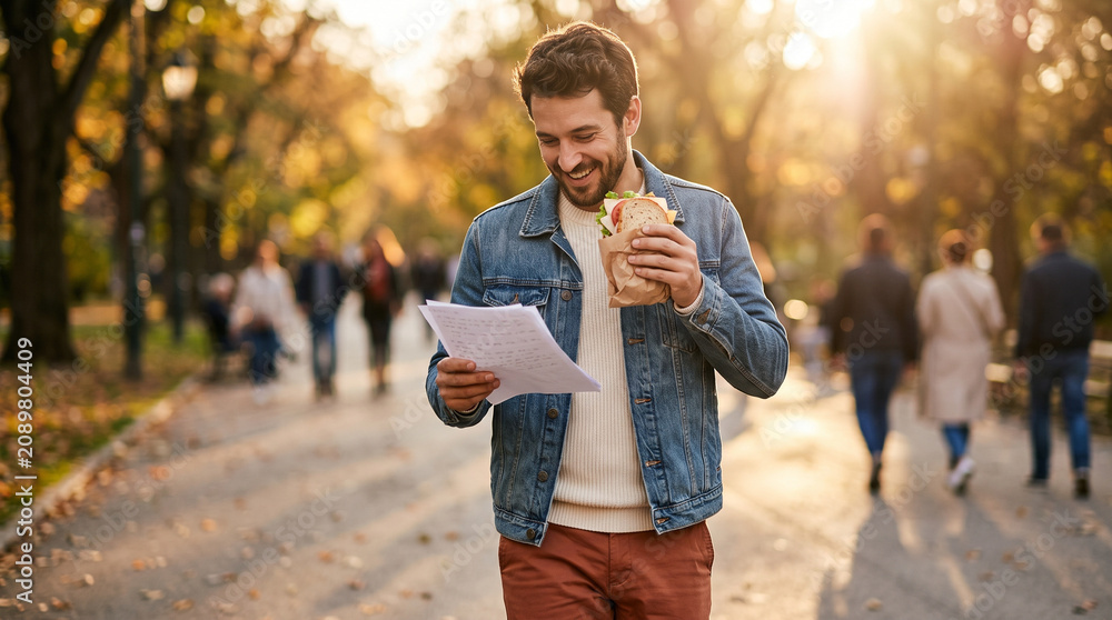 Fototapeta premium Man eating sandwich reading notes in park