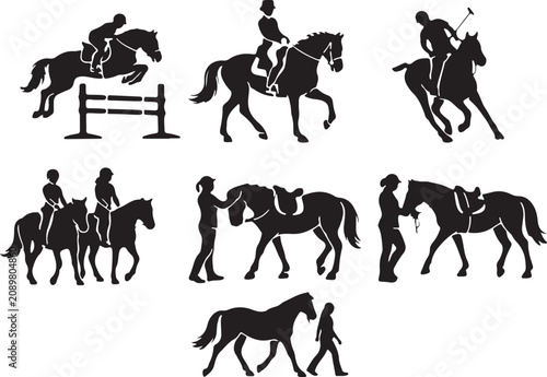 Fotografía Set of equestrian sports silhouettes including show jumping, dressage, polo, tra