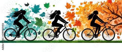 Seasonal Cycling Adventure: Women Silhouettes Riding Bikes with Autumn and Spring Foliage