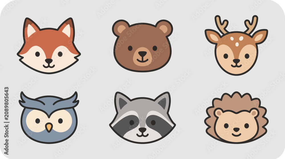 Fototapeta premium Cute animal faces icon set