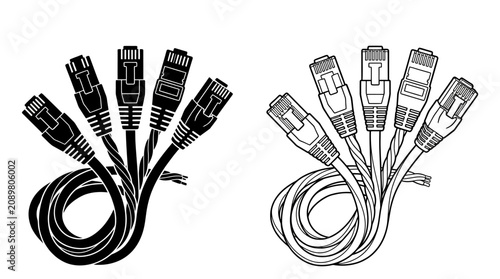 Schilderij op canvas Computer Network Cables And Connectors Black And White Vector Illustration