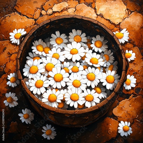 Artistic Daisy Flowers in Rustic Wooden Basket on Textured Background Illustration