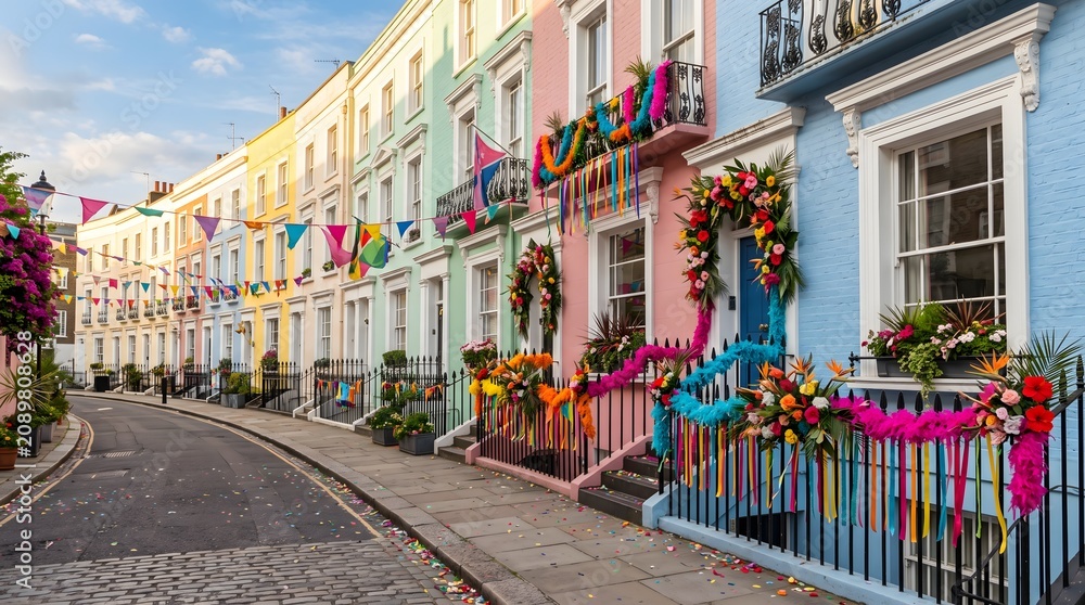 Fototapeta premium Colorful row houses decorated with festive floral arrangements and bunting flags line a charming london street scene