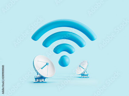 Foto Satellite dishes under large wifi symbol in modern design style on light blue ba