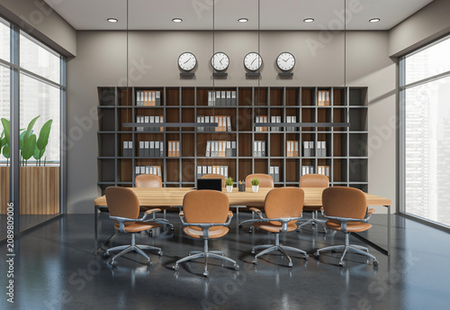 Modern conference room interior design with table, chairs and shelving in realistic graphic style on bright office background, concept of workspace, 3D Rendering