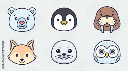 Vászonkép Cute arctic animal faces collection