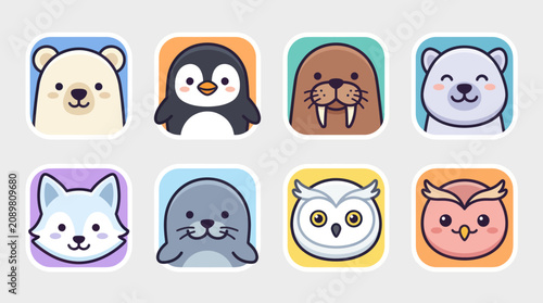 Cute arctic animals icons collection