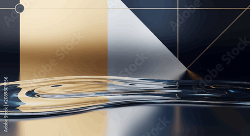 Fotografija Luxurious abstract background with rippled water surface and golden geometric el