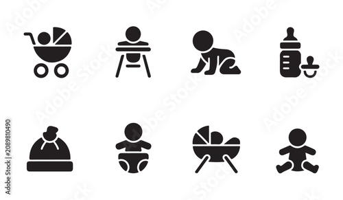 Foto Newborn baby care icons showcasing feeding bottle stroller crawling infant and nursery hat
