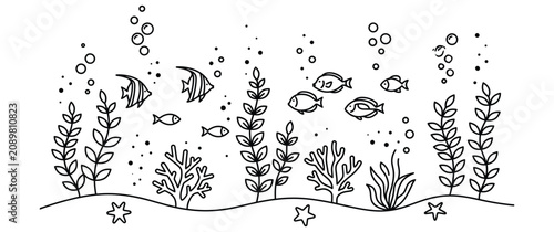 Photography Underwater ocean scene with tropical fishes corals and sea plants vector illustration set