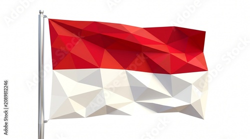 Low Poly Geometric Illustration of the National Flag of Indonesia Waving on a Silver Flagpole Isolated on White Background