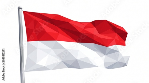 Low Poly Geometric Illustration of the Indonesian National Flag Waving Proudly on a Metal Pole Against a White Background