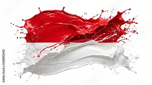 Artistic Paint Splash Representation of the National Flag of Indonesia with Red and White Dynamic Liquid Colors on White Background