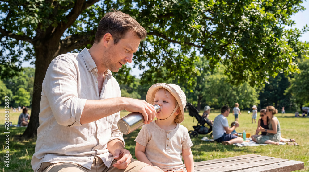 Naklejka premium Father giving water to his son from a reusable bottle on a hot summer day in the park, staying hydrated