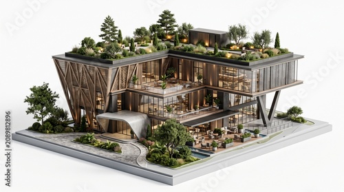 Modern Architectural Marvel Integrating Lush Green Rooftop Gardens and Vertical Plantings, Showcasing Sustainable Urban Design and Eco-Friendly Building Practices