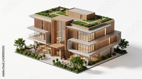 Modern sustainable building model with green rooftop garden and eco friendly architectural design 3d render