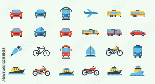 Minimalist small colorful transportation icons on light green background.
