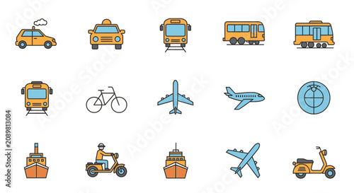 Colorful flat transportation icons for web and mobile apps.