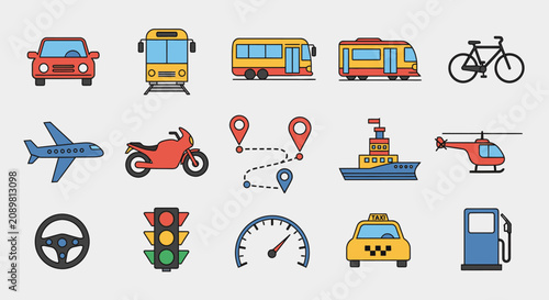 Detailed travel and vehicle icons with traffic symbols