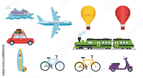 Colorful travel and transportation icons on white background.