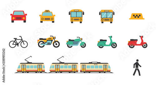 Vibrant city transportation icons including taxis and public transit.