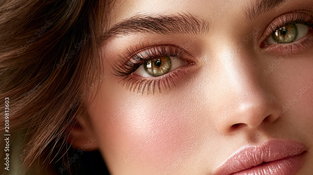 Fototapeta premium beauty closeup with green eye and flawless skin, glamorous female eye lips and makeup detail, luxury beauty portrait with elegant cosmetic look