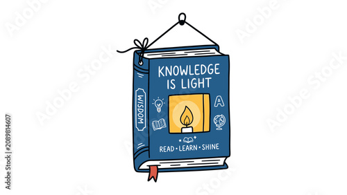 фотографія Knowledge is Light: An open book, illustrated with the phrase Knowledge is Light and a burning candle inside a window, hangs as a symbol of wisdom and illumination