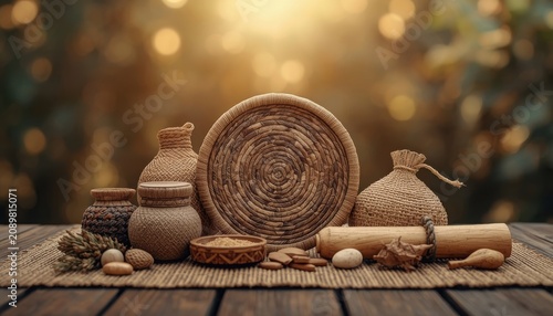 An artistic arrangement of traditional woven cultural artifacts and rustic pottery on a table.