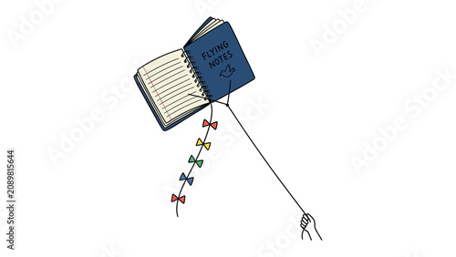 Εκτύπωση καμβά A Kite of Knowledge: A blue notebook, titled 'Flying Notes', transforms into a whimsical kite, its pages fluttering in an imagined breeze, tethered by a string