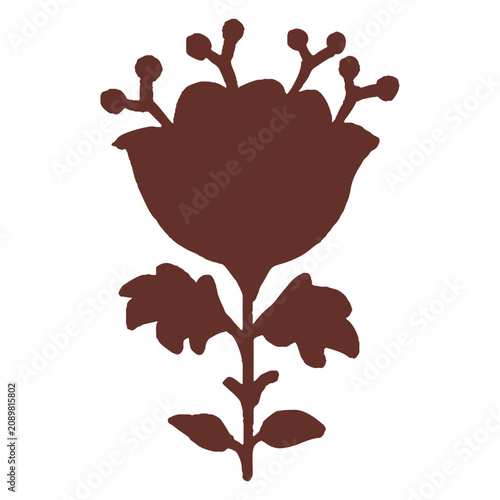 Hand drawn folk art floral greeting card motif silhouette. Flat isolated on white background vector illustration. Botanical scandi summer nature design element. Quirky flower block print sticker