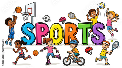 Children playing various sports in colorful basketball soccer tennis