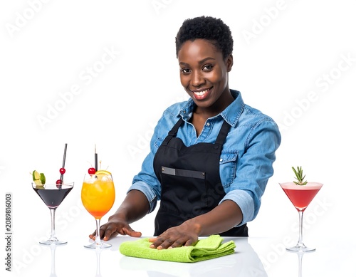 A woman wiping a table with a green cloth, surrounded by colorful cocktails